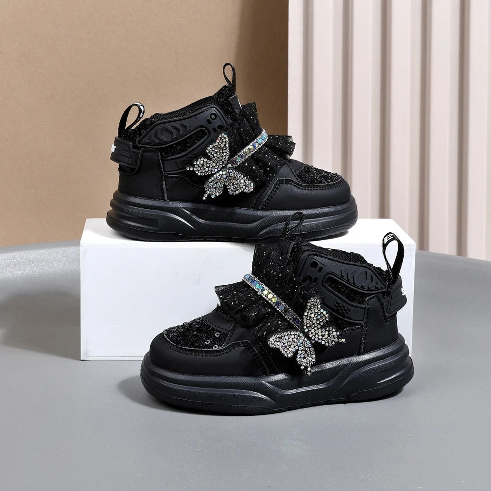 Chaussures d'automne en cuir pour enfants, baskets de Sport pour enfants en bas âge, mignonnes papillons scintillants, semelle souple, à la mode, pour filles, nouvelle collection 2025 MAEJORKEN