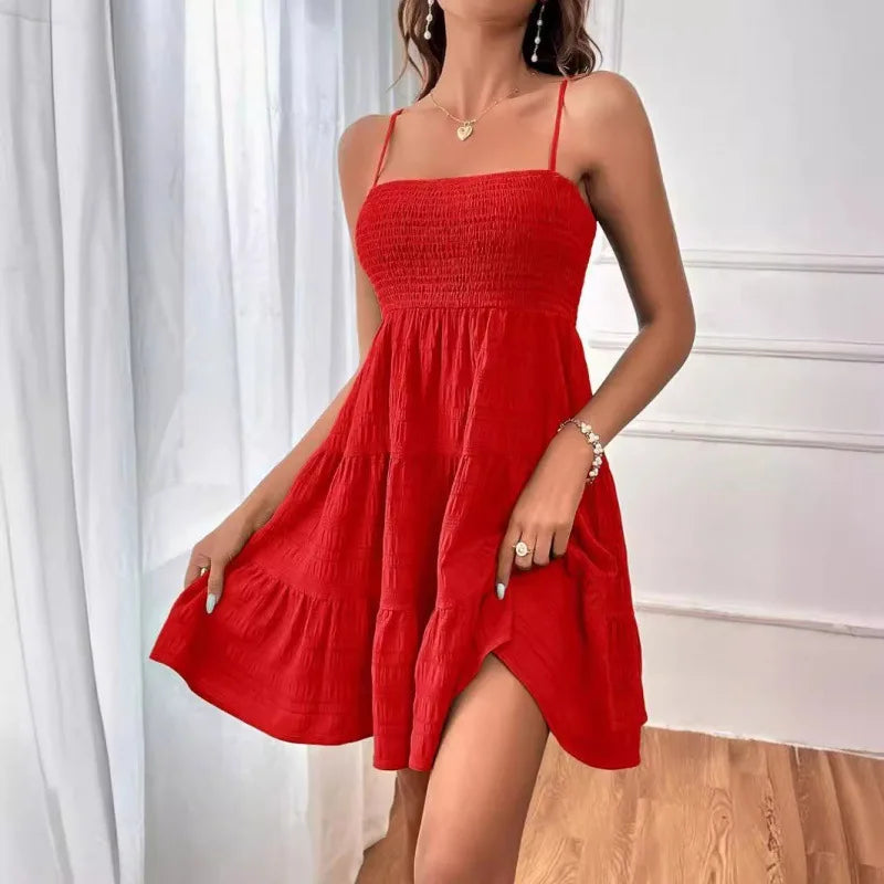 Mode femme Spaghetti sangle smocké Bustier Mini robe bleu à volants à plusieurs niveaux robe trapèze été décontracté vacances vêtements de plage du S au 2XL MAEJORKEN