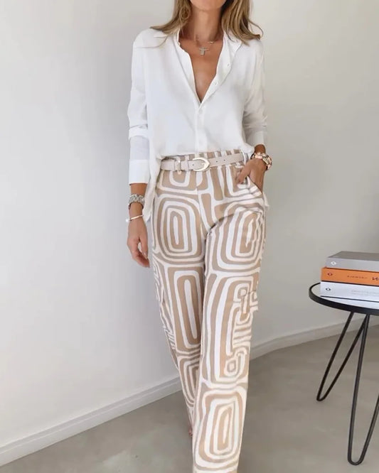 Ensemble élégant décontracté couleur unie taille élastique pantalon imprimé du S au 3XL
