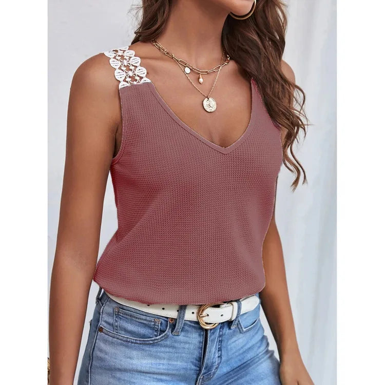 2025 été nouveau débardeur pour femmes couleur unie décontracté dentelle carreaux Patchwork gilet t-shirts hauts MAEJORKEN