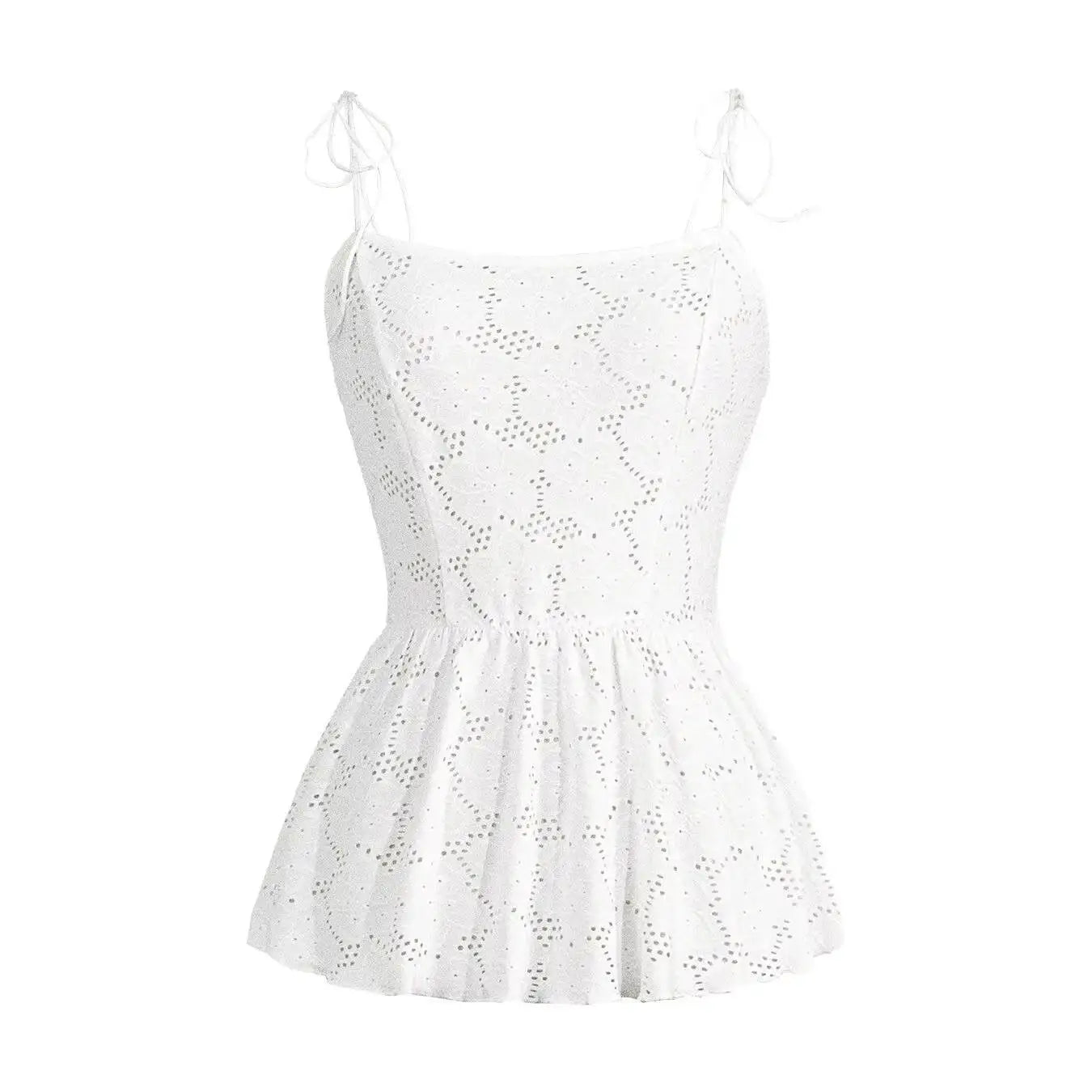 Débardeur Femme Printemps-Été Blanc en Dentelle à Nœuds Bretelles Fines Col Carré Ourlet Peplum Décontracté pour les Vacances MAEJORKEN