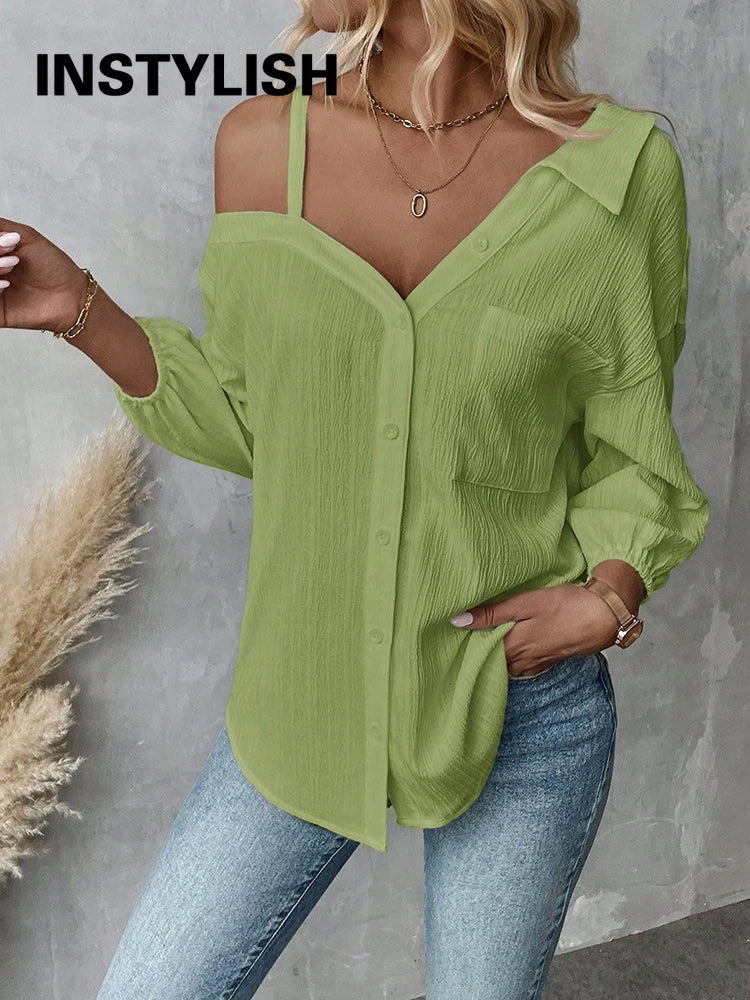Chemise élégante pour femmes, épaules dénudées, trois quarts, chemisier sexy, décontracté, boutons unis, chemise ample, hauts de bureau pour femmes, streetwear, tuniques du S au XL MAEJORKEN