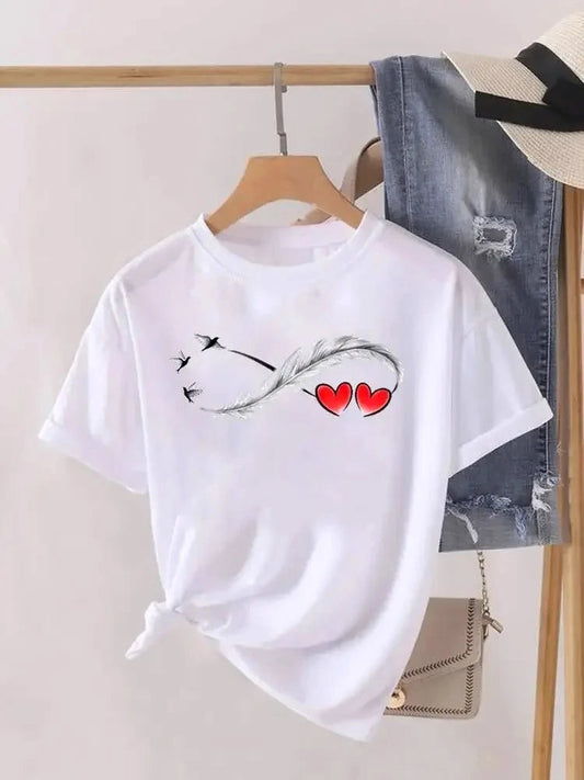 T-shirt graphique tendance pour femme, motif cœur et plumes, vêtement décontracté à manches courtes pour l'été MAEJORKEN