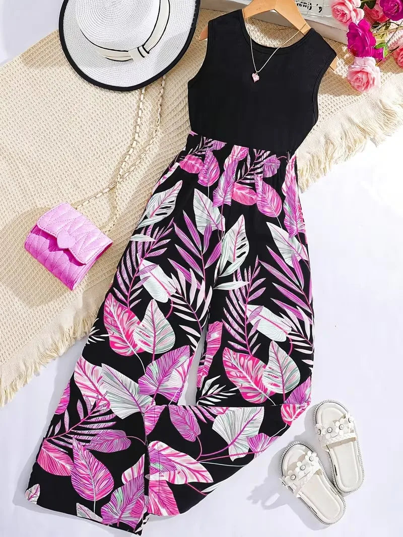 Combinaison tropicale pour filles – Haut noir sans manches avec pantalon à jambes larges à imprimé feuilles roses pour l'été MAEJORKEN