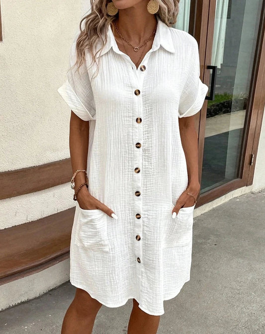 Mini robe Vintage en coton et lin pour femmes, couleur unie, mode d'été, col en v, manches trois quarts, décontractée, vacances MAEJORKEN