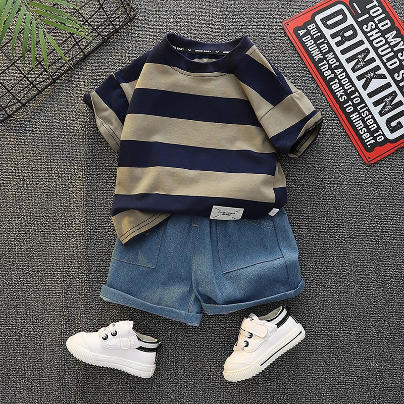 Ensemble de vêtements d'été pour bébé garçon de 0 à 5 ans, couleur unie, rayé, décontracté, manches courtes + beau short à la mode, deux p MAEJORKEN