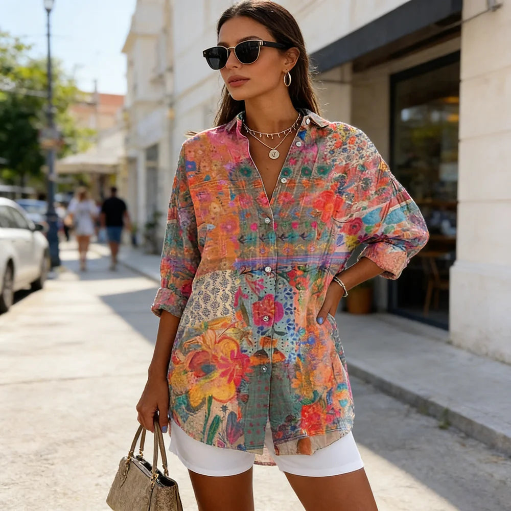 Cette chemise à manches longues de style bohème rétro avec motifs floraux colorés est tendance, polyvalente et accrocheuse. MAEJORKEN