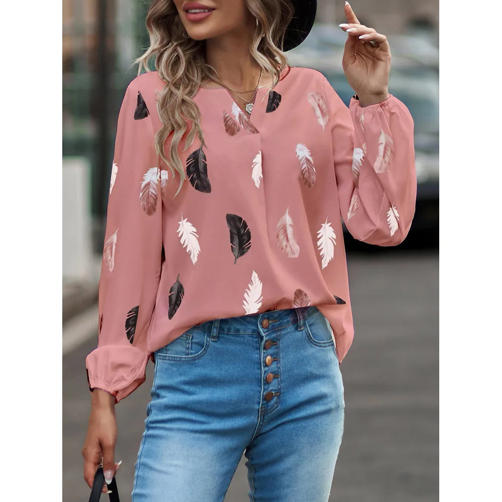 Mode femme Blouse chemises pour femmes haut élégant à manches longues motif de plumes femmes hauts élégant en mousseline de soie Mujer femme vêtements MAEJORKEN