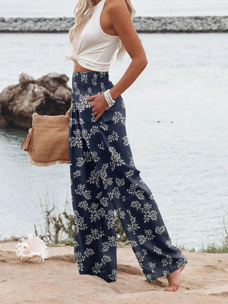 Pantalons pour femmes de grande taille, pantalons de plage à jambes larges imprimés de fleurs, pantalons décontractés de style bohème à taille élastique avec poches MAEJORKEN