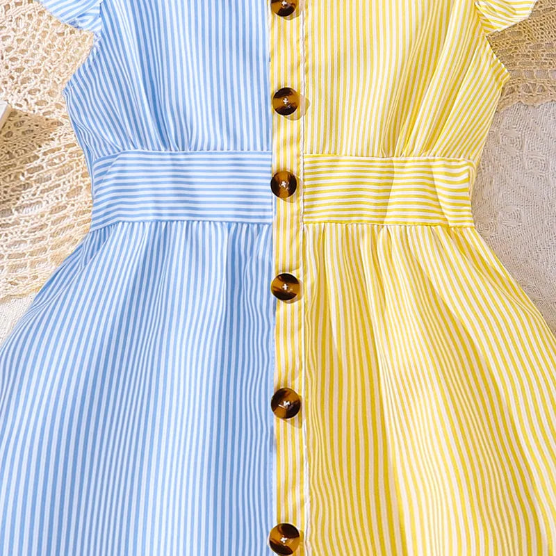 Fille robe d'été manches volantes rayures robe Patchwork couleur chemise robe pour filles décontracté adolescent filles vêtements enfants robes MAEJORKEN
