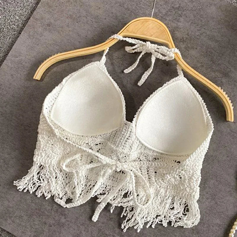 Soutien gorges de maillot de bain de plage sexy pour femmes, dos nu, col licou, crochet, tricot,  glaçure creuse, pompon, haut précieux MAEJORKEN