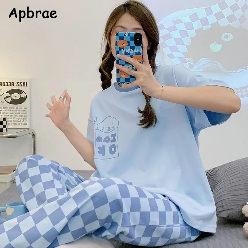 Pyjama doux en coton à manches courtes et pantalon imprimé du M au 3XL