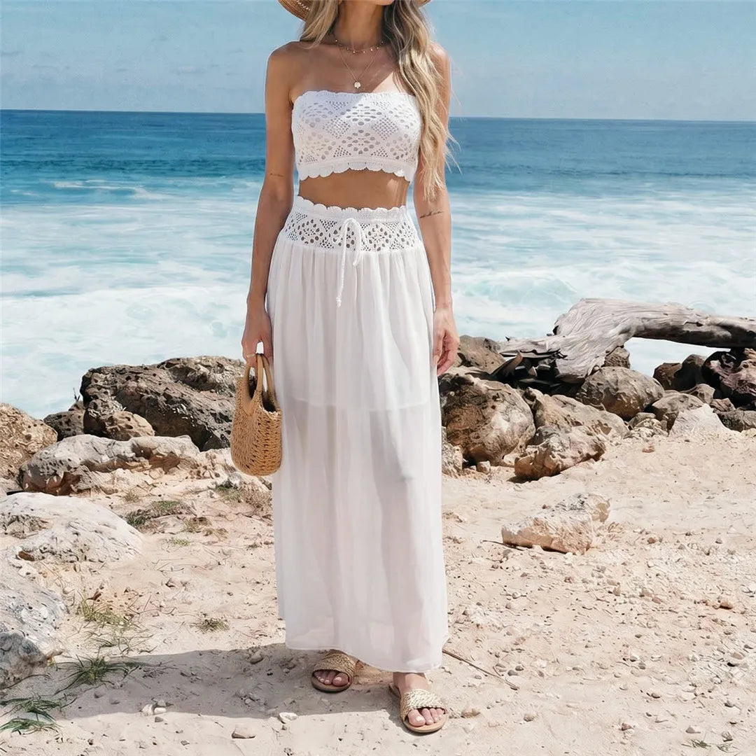 Robe de plage cache-maillot S-XL pour femme, ensemble 2 pièces bandeau en crochet tricoté, tunique de plage V8218 MAEJORKEN
