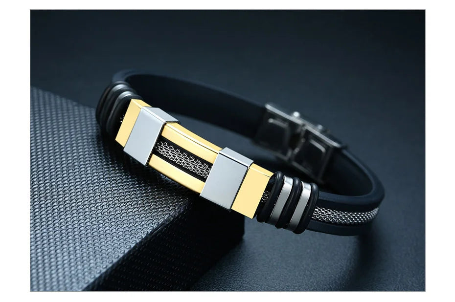 Vnox - Bracelet en acier inoxydable, bracelet pour homme, bracelet punk à maillons en silicone rainuré noir, bracelet punk élégant et décontracté MAEJORKEN