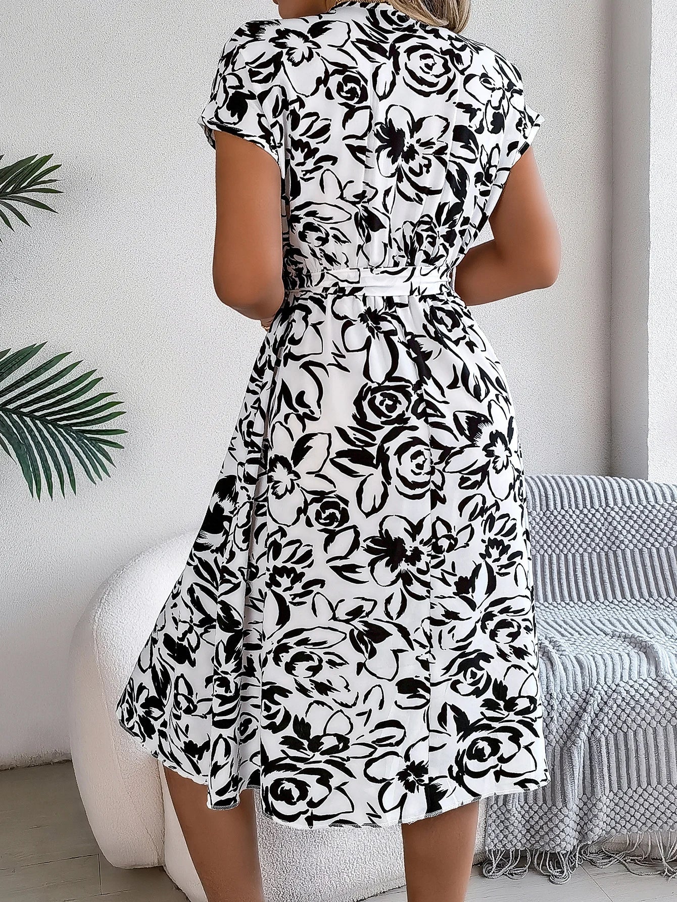 Robes décontractées pour femmes, col en v, boutons, imprimé floral, manches courtes, robe trapèze, printemps été MAEJORKEN