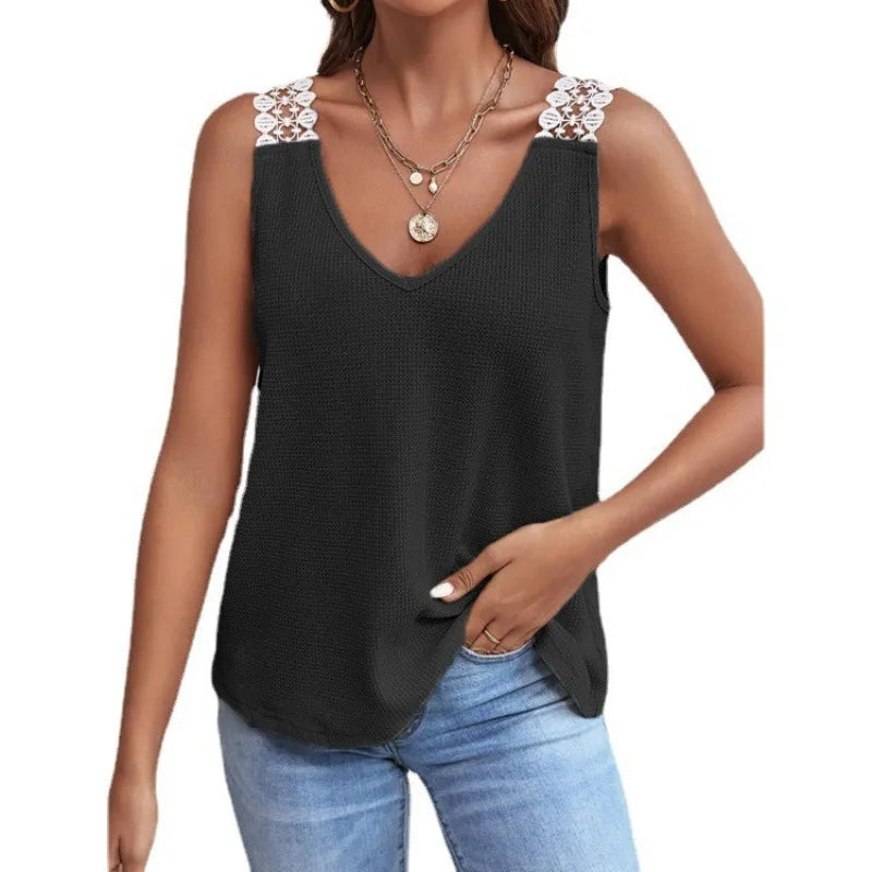 2025 été nouveau débardeur pour femmes couleur unie décontracté dentelle carreaux Patchwork gilet t-shirts hauts MAEJORKEN