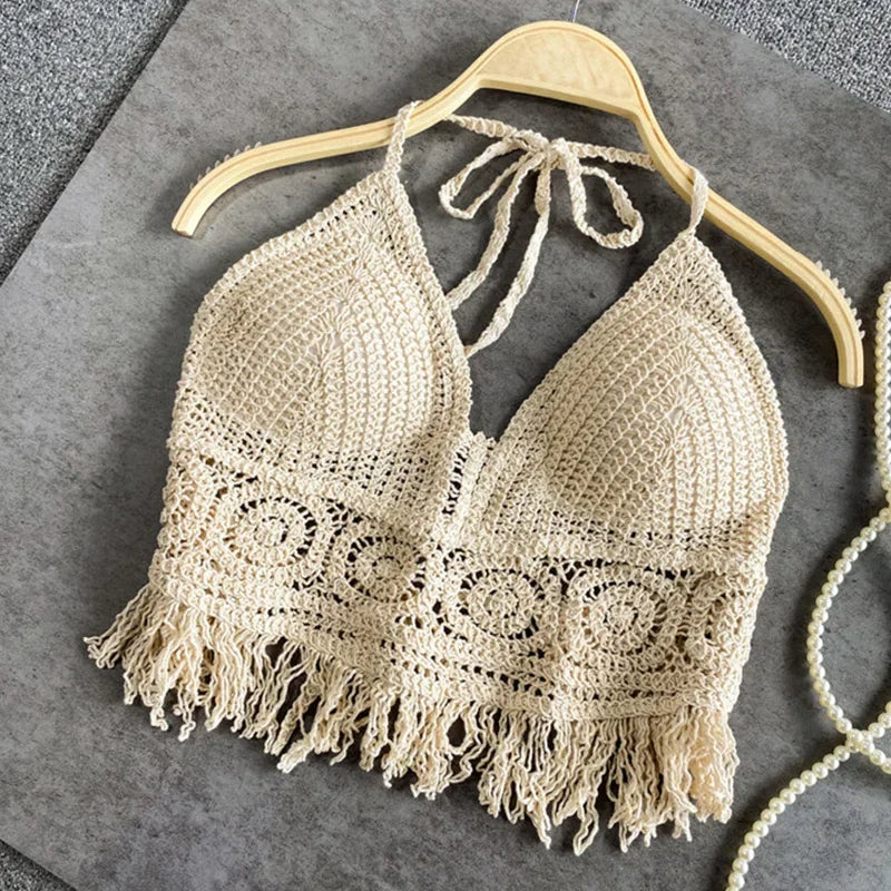 Soutien gorges de maillot de bain de plage sexy pour femmes, dos nu, col licou, crochet, tricot,  glaçure creuse, pompon, haut précieux MAEJORKEN