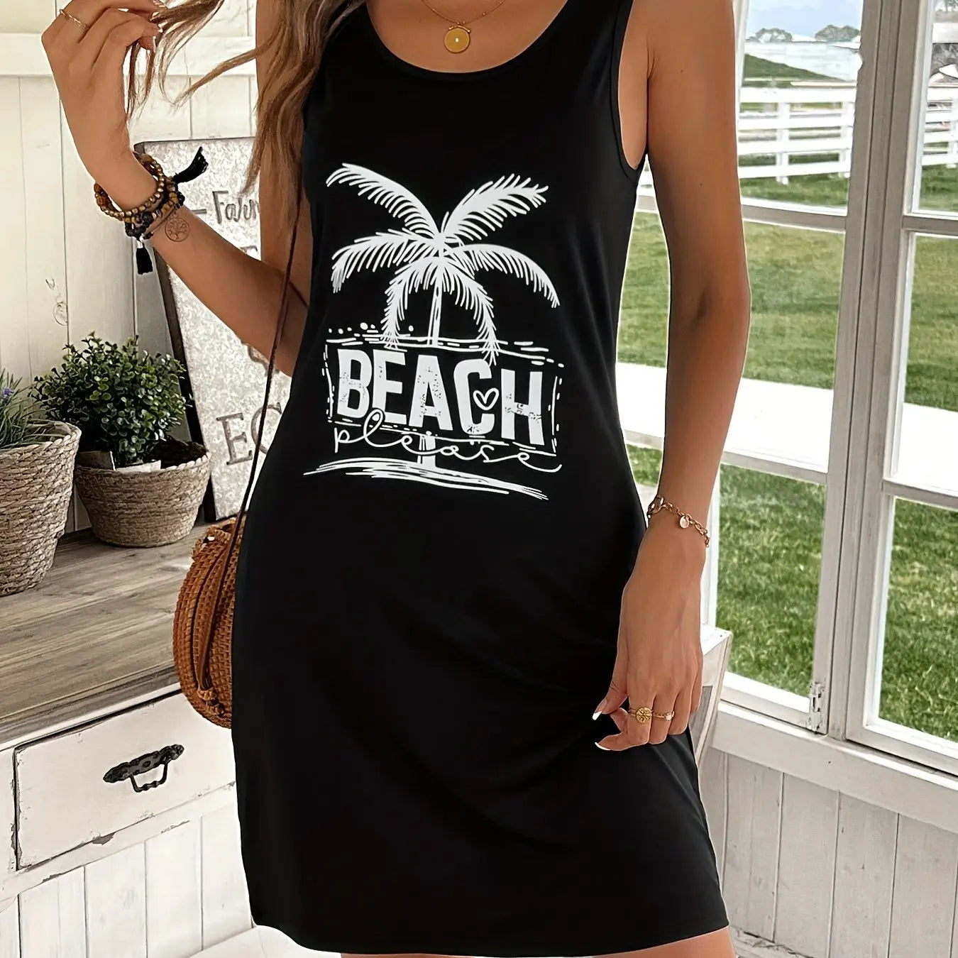 Robe d'été ample et confortable pour femmes, décontractée, motif soleil et lune imprimé, noir, gilet sans manches, jupe, style punk MAEJORKEN