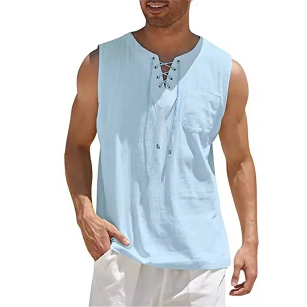 Chemises en coton et lin pour hommes, chemises à lacets rétro, chemise à col en V, précieux, chemise Y-adt, vêtements pour documents solides, chemises décontractées pour hommes MAEJORKEN