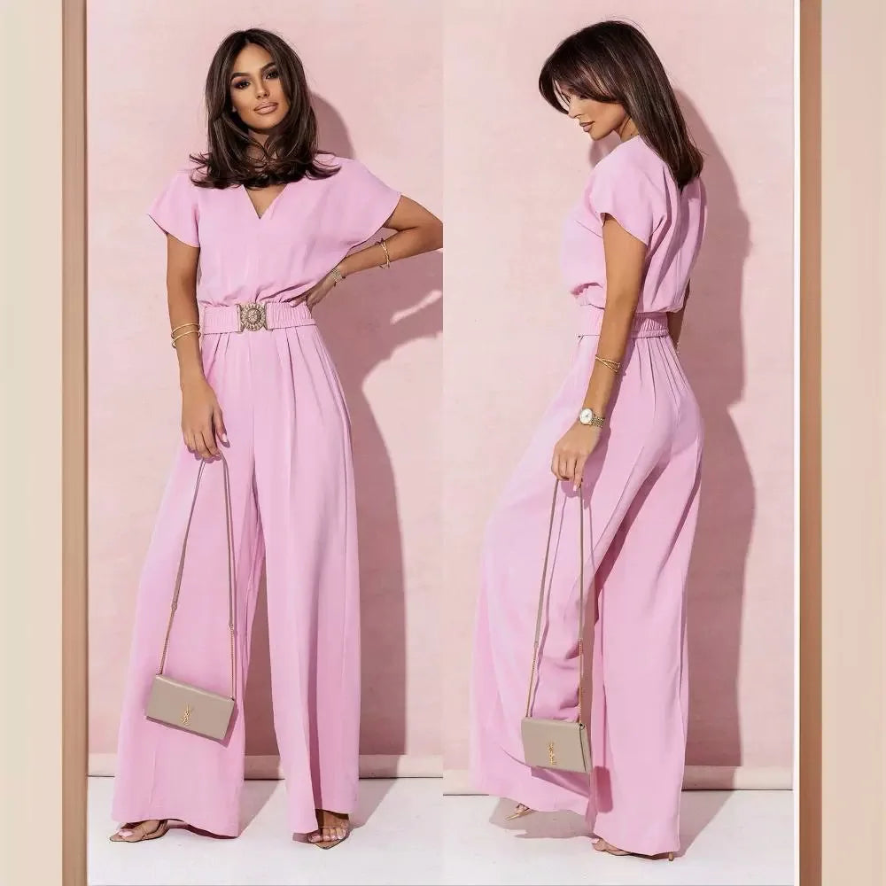 Mode col en v manches courtes taille haute combinaison femmes 2024 été solide jambe large élégant barboteuse Vintage combinaisons salopette femmes MAEJORKEN