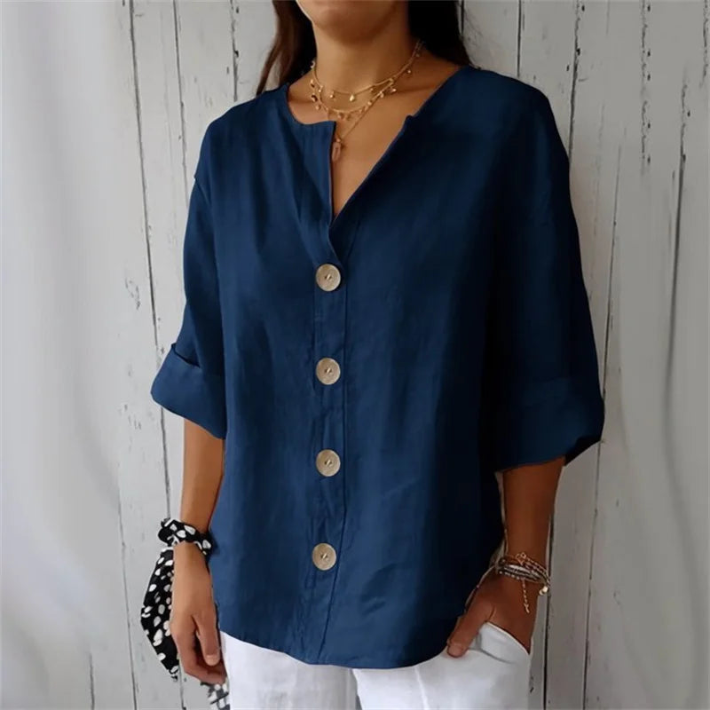 Chemise ample d'été pour femmes, col en v, coton et lin, boutons, chemises décontractées, couleur unie, mode élégante, vêtements de bureau pour femmes, chemisier 2025 MAEJORKEN