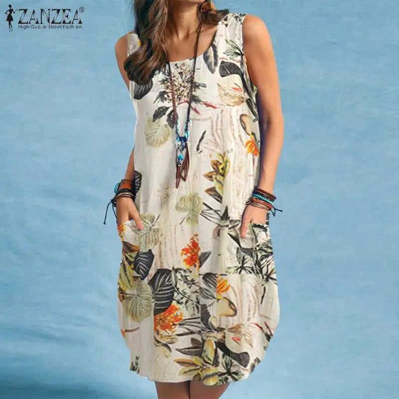 ZANZEA bohème Robe de plage été Vintage imprimé fleuri Robe d'été femmes sans manches genou longueur Robe vacances robes Sarafans MAEJORKEN