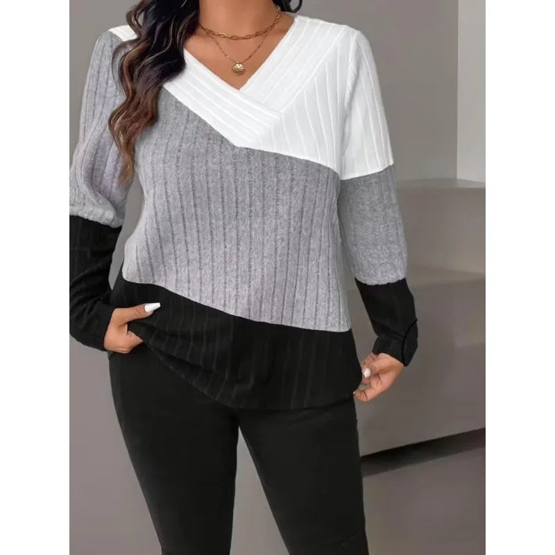 Pull à manches longues et col en V pour femme, grande taille, mode automne, Colorblock, décontracté, quotidien MAEJORKEN