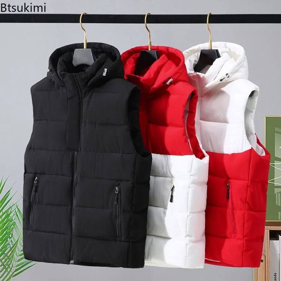 2025 hommes hiver épaissir vers le bas coton gilet épissure sans manches Parka veste décontracté coupe-vent chaud gilet hommes fermeture éclair vêtements d'extérieur à capuche MAEJORKEN