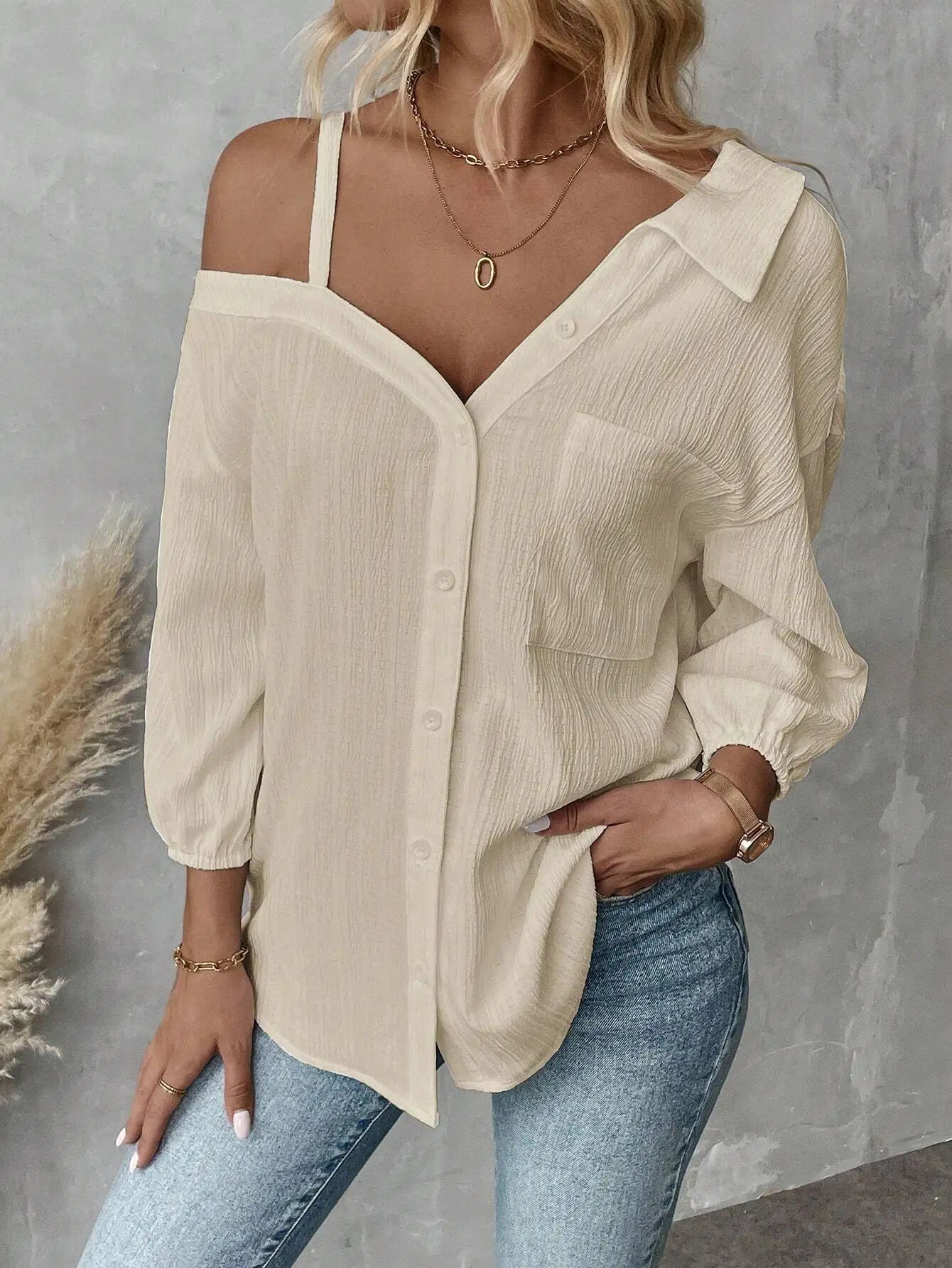 Chemise élégante pour femmes, épaules dénudées, trois quarts, chemisier sexy, décontracté, boutons unis, chemise ample, hauts de bureau pour femmes, streetwear, tuniques du S au XL MAEJORKEN