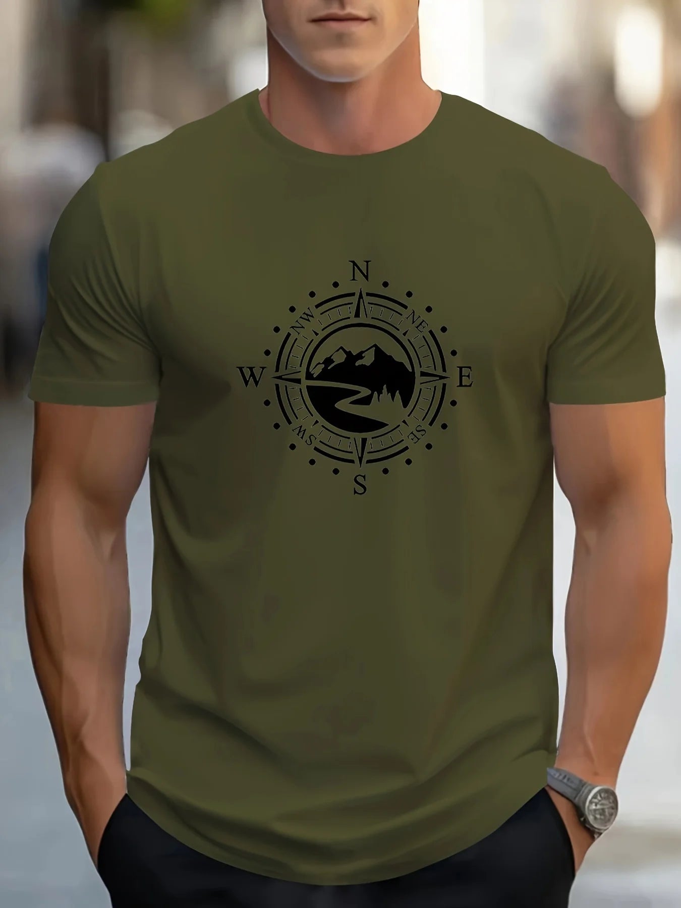 T-shirt manches courtes col rond pour hommes, décontracté, ample, grand motif de boussole imprimé, sport, confortable, été MAEJORKEN
