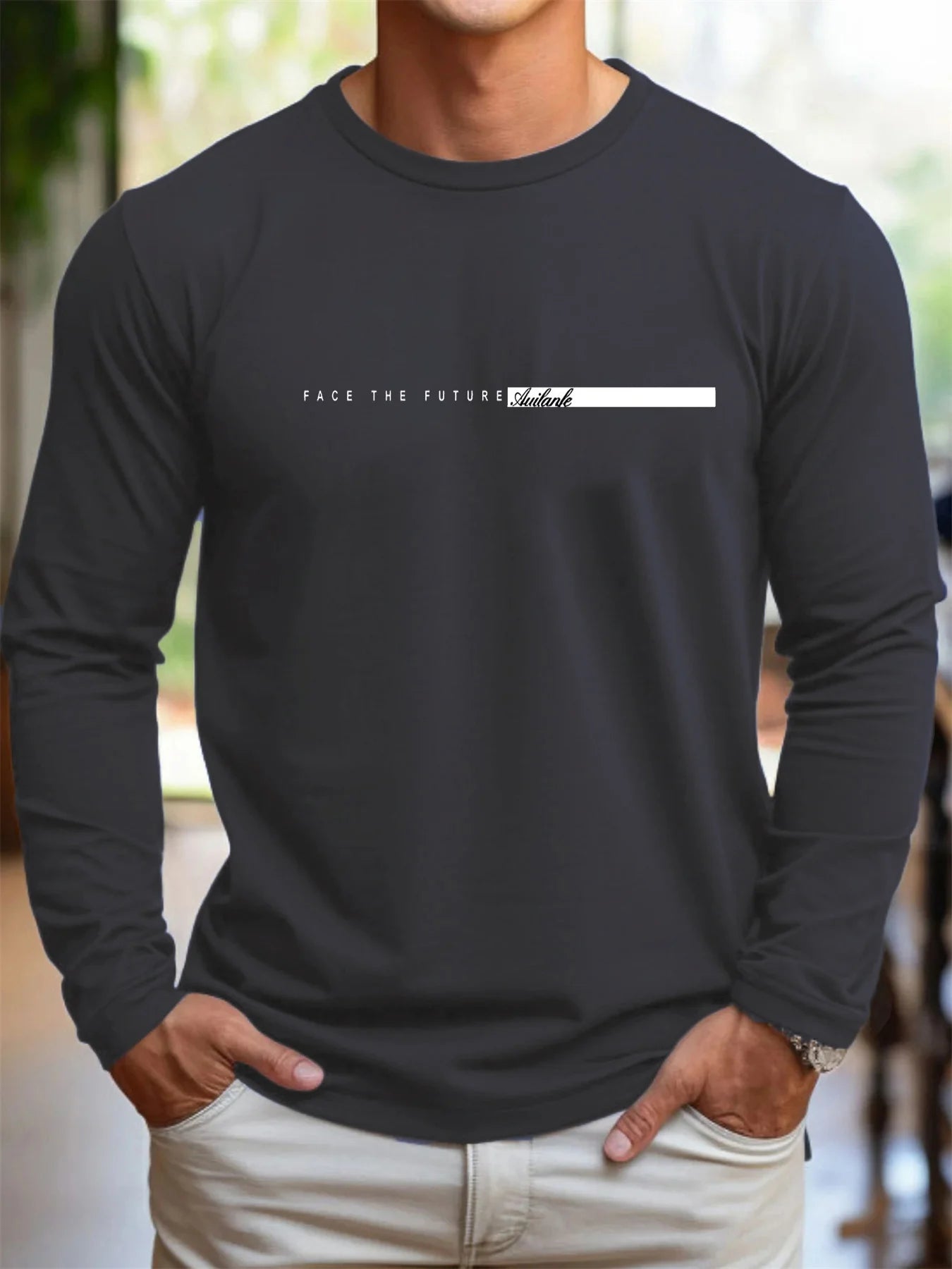 100% pur coton hommes à manches longues col rond ample décontracté futur lettre motif imprimé printemps et automne polyvalent T-shirt MAEJORKEN