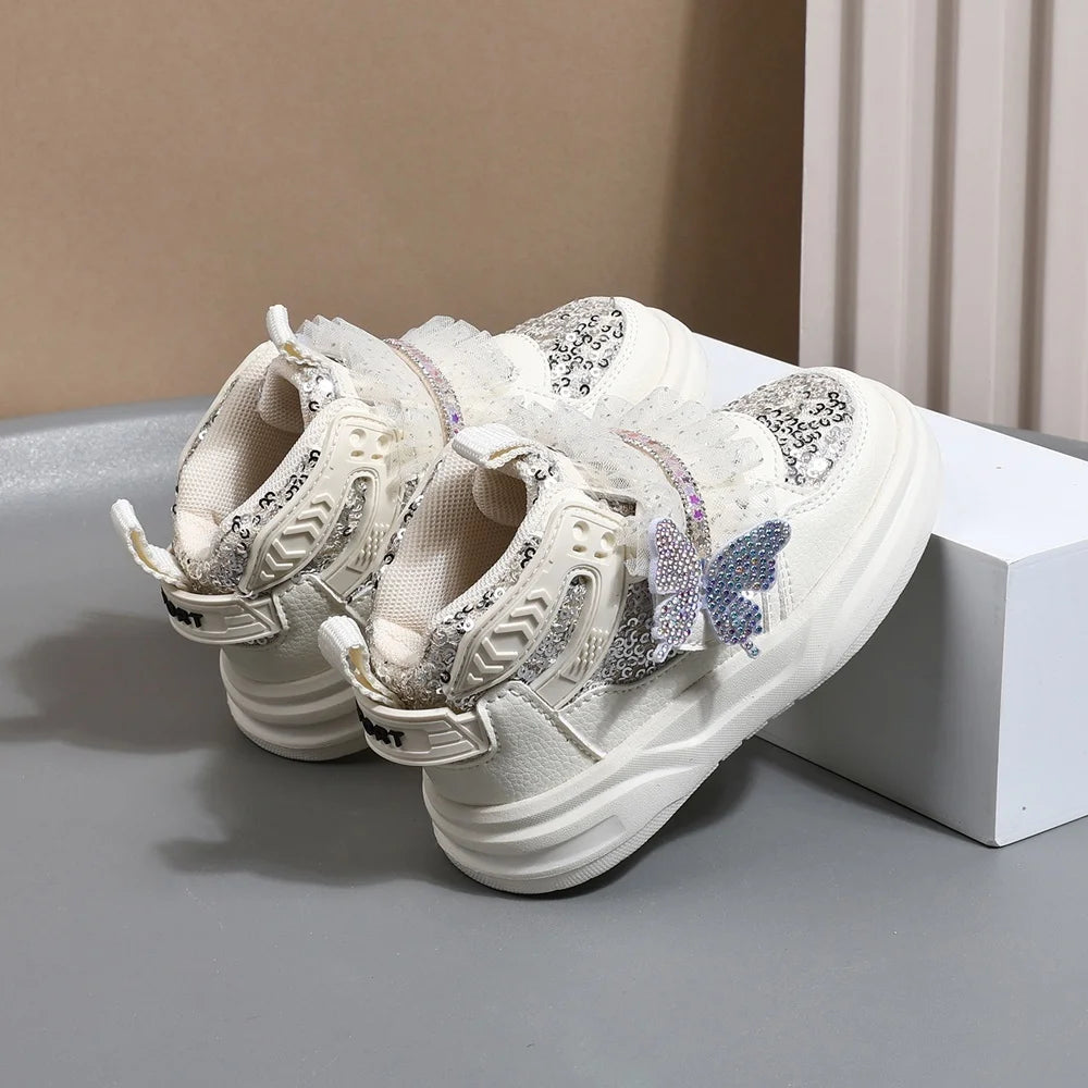 Chaussures d'automne en cuir pour enfants, baskets de Sport pour enfants en bas âge, mignonnes papillons scintillants, semelle souple, à la mode, pour filles, nouvelle collection 2025 MAEJORKEN