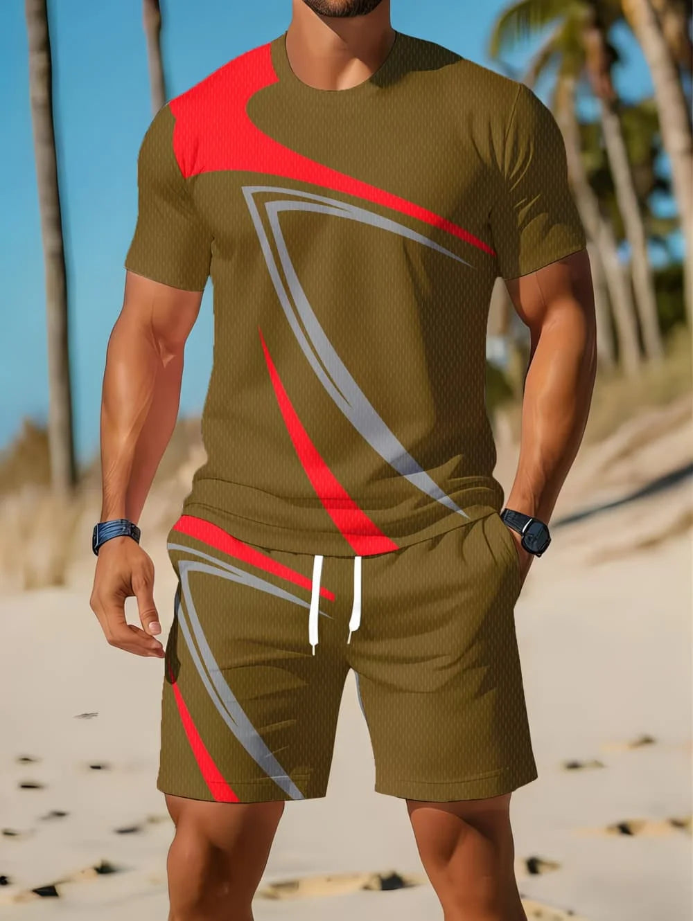 Nouvel Arrivage Été 2026 – Ensemble Décontracté Homme Deux Pièces : Chemise Rayée Imprimée 3D à Manches Courtes et Short de Sport – Ensemble de Fitness pour Homme MAEJORKEN