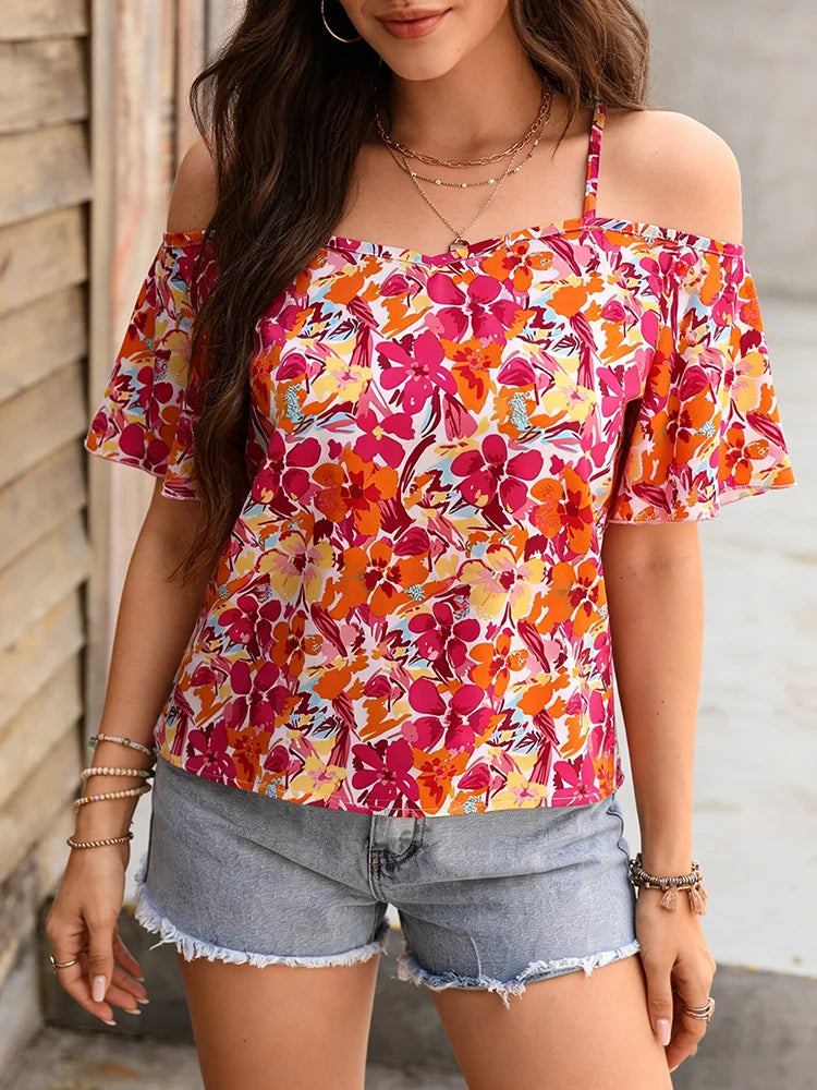 Haut Cami pour femme à imprimé floral, bretelles spaghetti, épaules dénudées, manches courtes, style bohème décontracté pour le printemps, l'été, la plage et les vacances MAEJORKEN