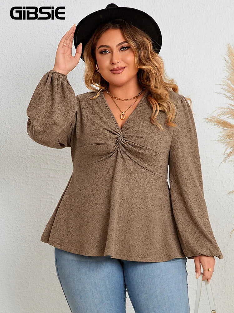 Haut péplum à col en V tunique vintage, manches lanterne du XL au 4XL