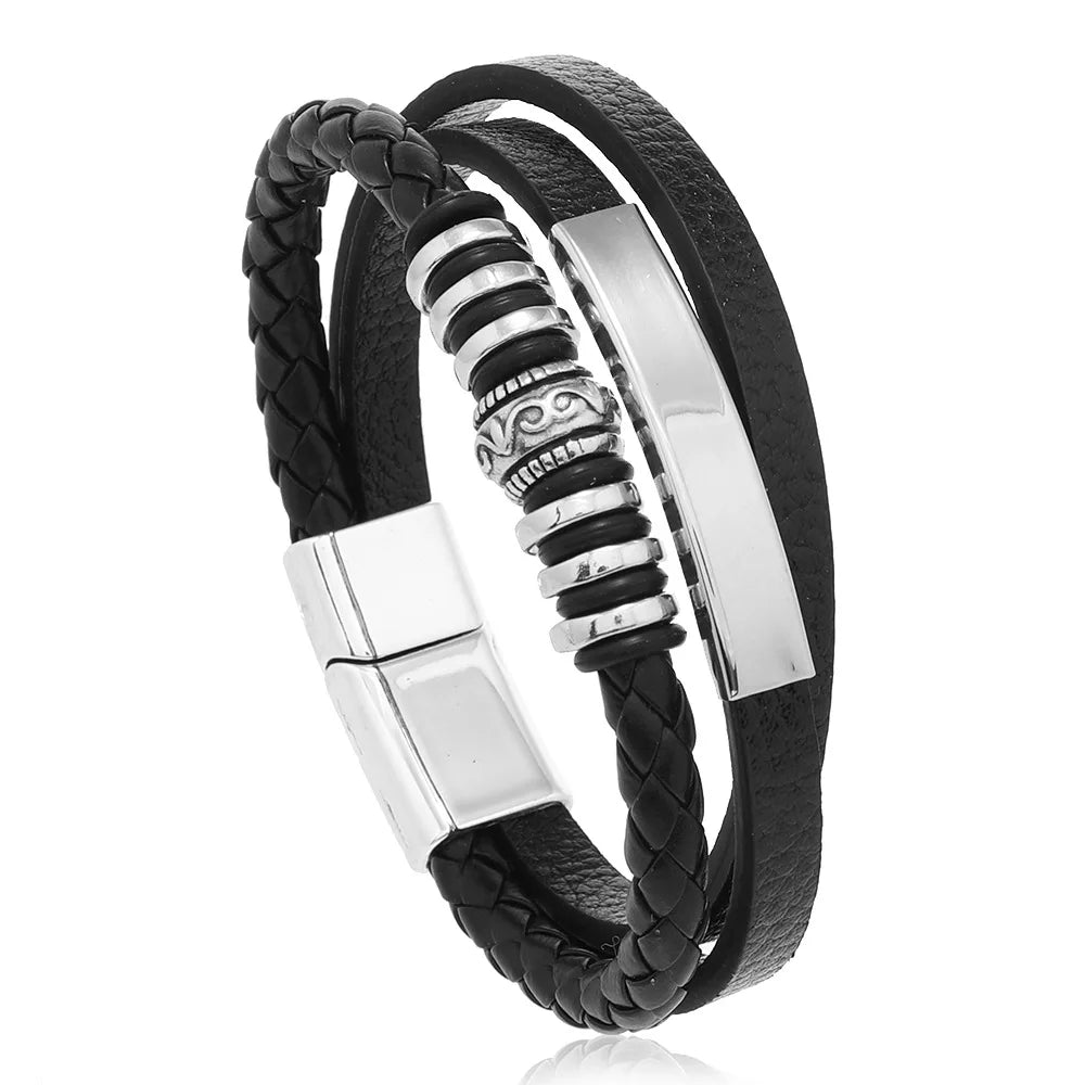 Bracelets en cuir tendance pour hommes, en acier inoxydable, corde tressée multicouche de 21CM, bijoux cadeaux MAEJORKEN