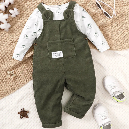 Ensemble 2 pièces pour bébé garçon body imprimé ours avec salopette verte du 3 au 24 mois