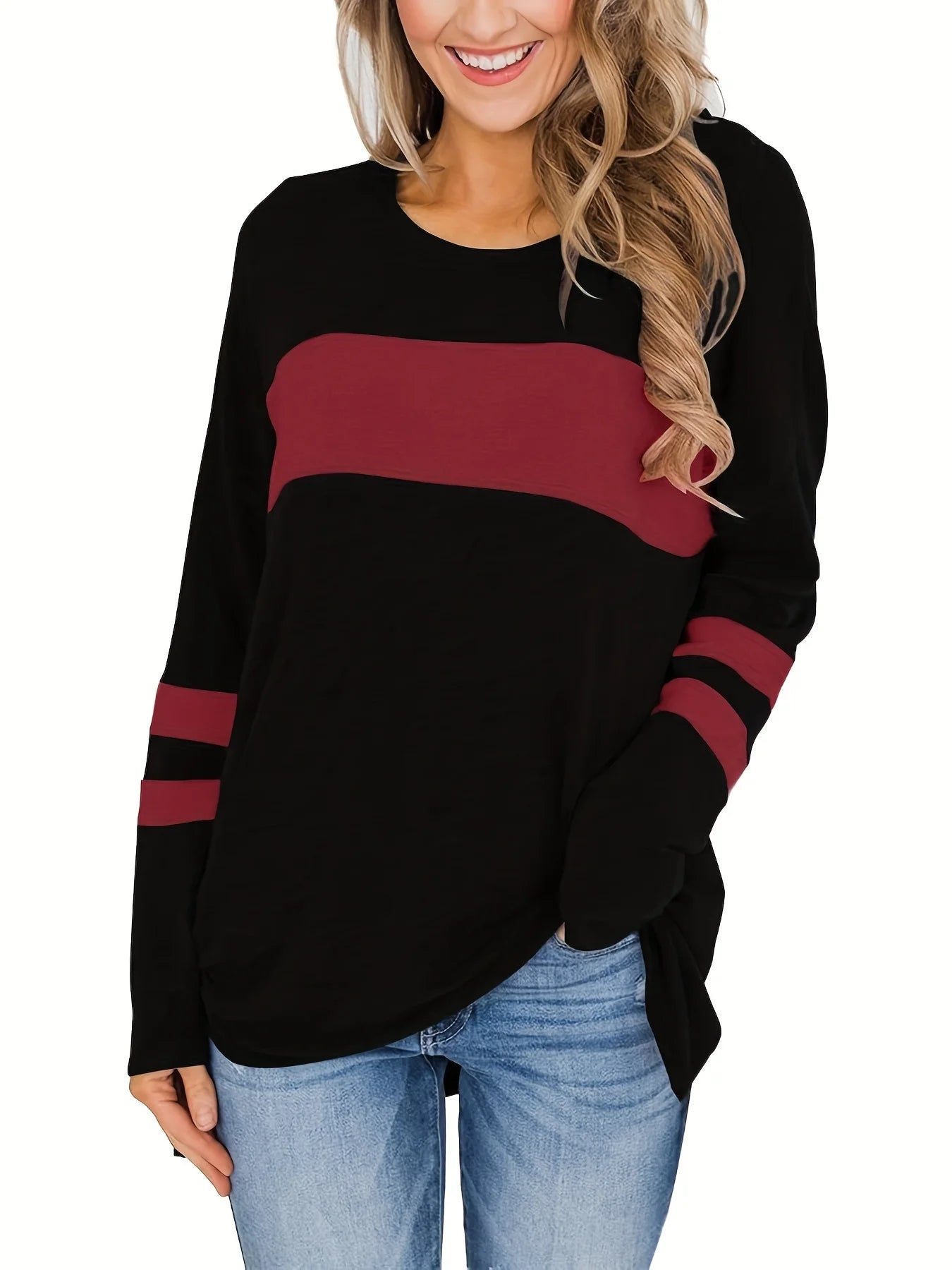 T-shirt tunique imprimé à rayures color block grande taille pour femme avec manches longues et légèrement extensible - Décontracté et confortable MAEJORKEN