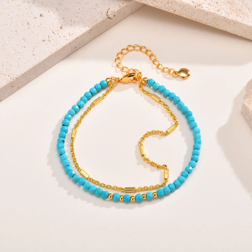 Bracelet turquoise pour femmes, bracelet double rond perlé, cadeau de bijoux plaqué or sans tarjuvenfree MAEJORKEN