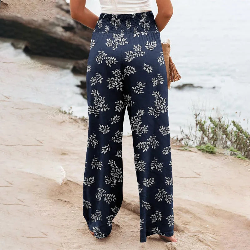 Pantalons pour femmes de grande taille, pantalons de plage à jambes larges imprimés de fleurs, pantalons décontractés de style bohème à taille élastique avec poches MAEJORKEN