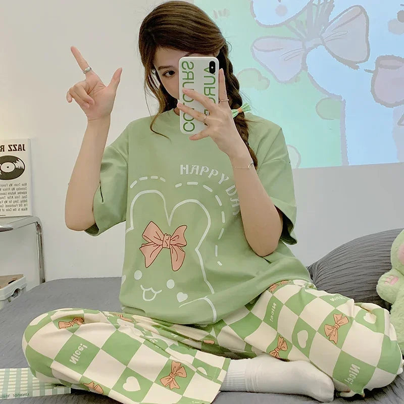 Pyjama doux en coton à manches courtes et pantalon imprimé du M au 3XL