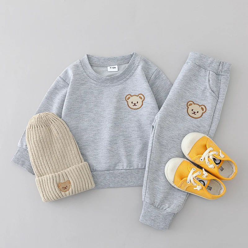 Ensemble 2 pièces pour enfants, pantalon Simple à manches longues et col rond avec tête d'ours, printemps et automne MAEJORKEN