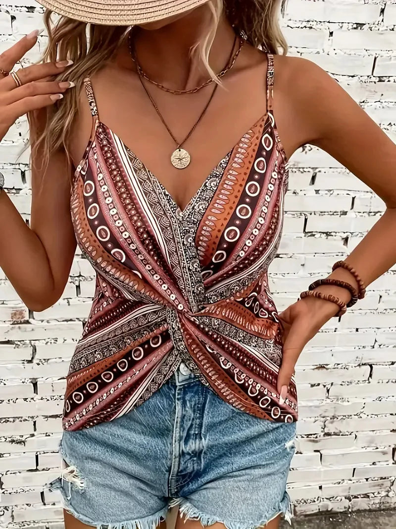 Haut camisole sexy à col en v pour femmes, imprimé chaîne devant torsadé dans le dos, en tissu polyester avec motif spaghetti MAEJORKEN