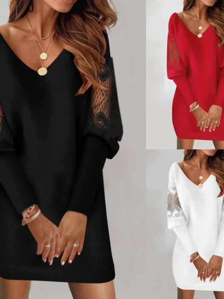 Robe en maille à manches en dentelle pour femmes, col en V sexy, décontracté, élégant, bureau, dames, printemps, automne, 2024 MAEJORKEN