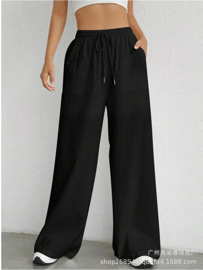 Pantalon décontracté à jambes larges couleur unie du S au XL