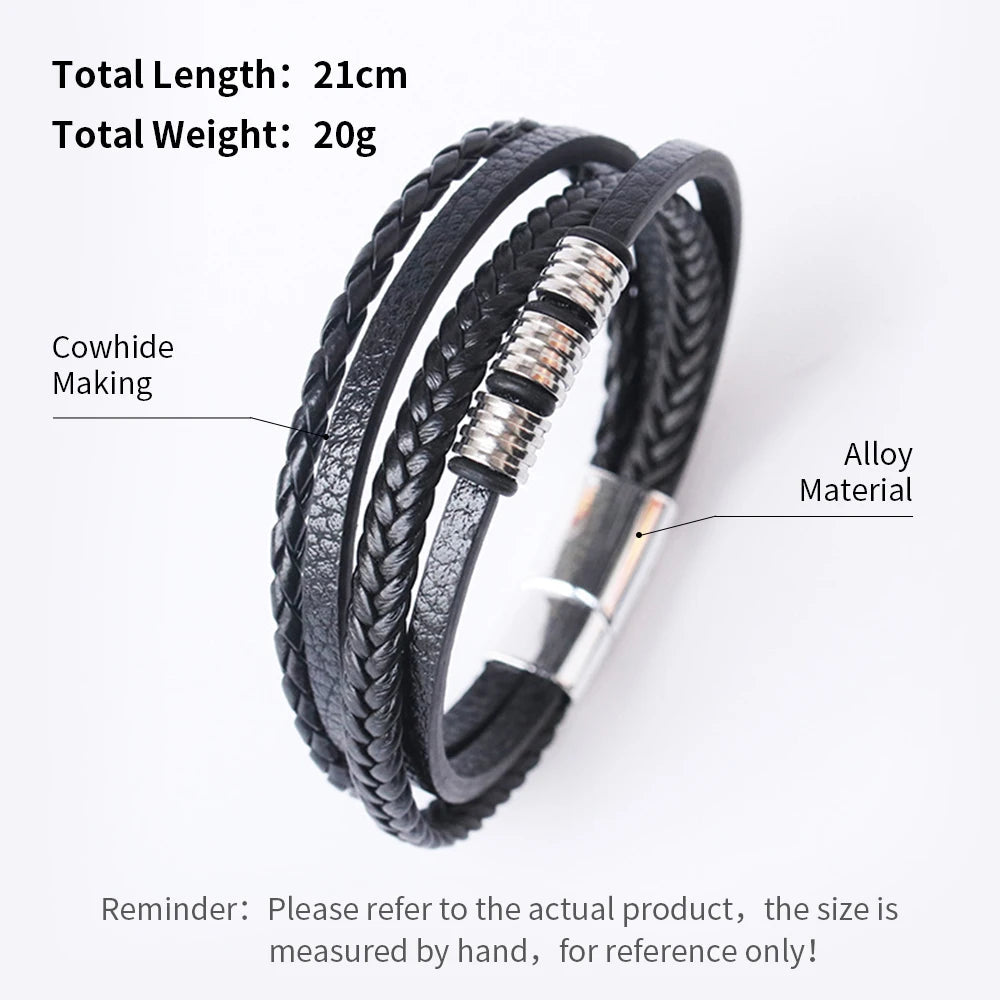 Bracelets en cuir tendance pour hommes, en acier inoxydable, corde tressée multicouche de 21CM, bijoux cadeaux MAEJORKEN