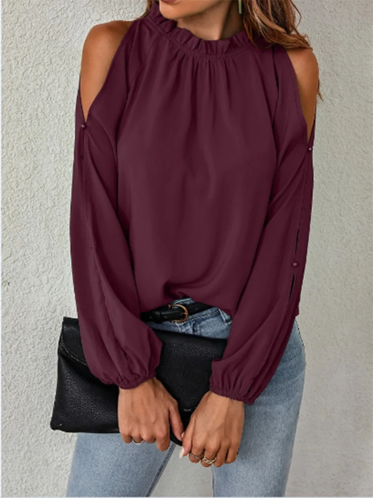 Chemise plissée à manches longues et col rond pour femme, épaules dénudées, Sexy, couleur unie, bureau quotidien, élégant, polyvalent, printemps MAEJORKEN