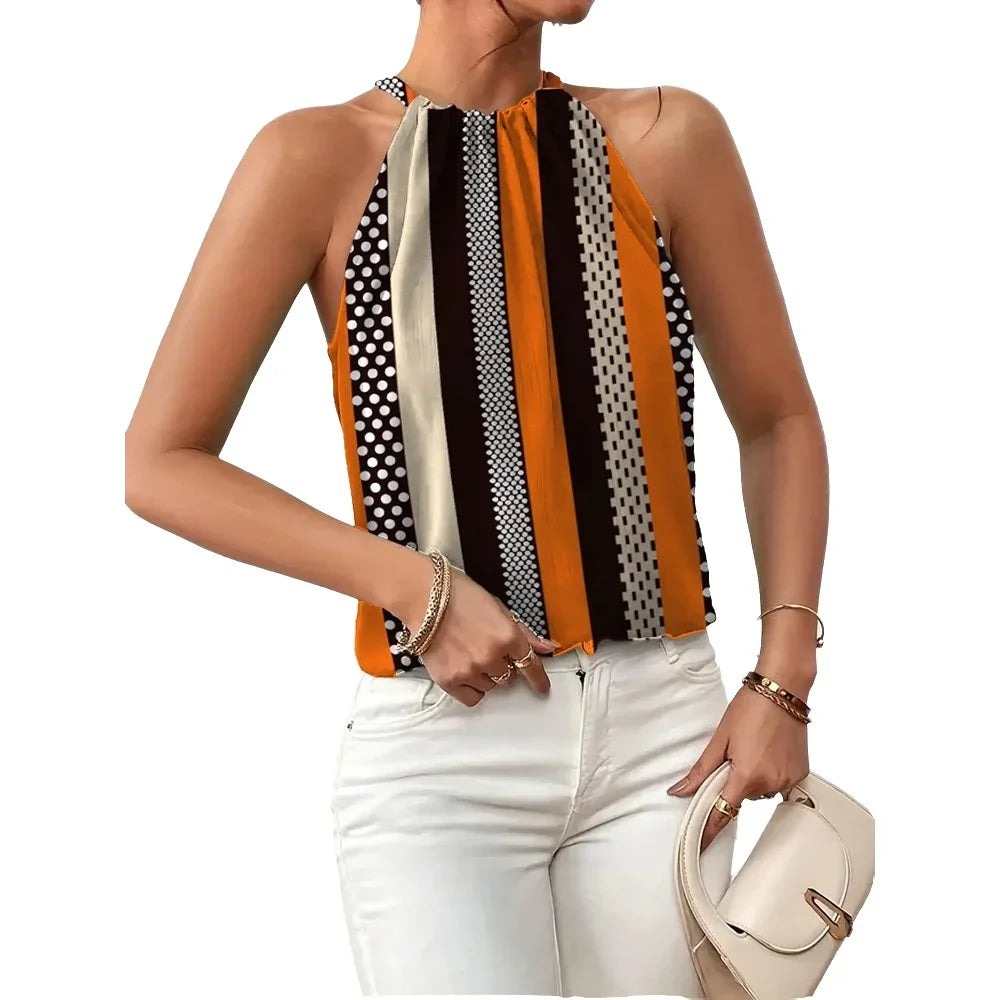 Débardeur pour femmes, printemps été, orange brun, rayé, à pois, col halter, sans manches, rétro chic, décontracté quotidien MAEJORKEN