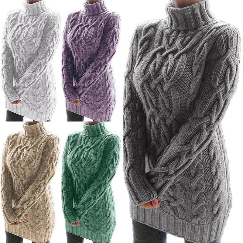 Robe pull longue à col haut pour femme, pull tricoté, couleur unie, épais, Mini, mode hiver automne 2024 MAEJORKEN
