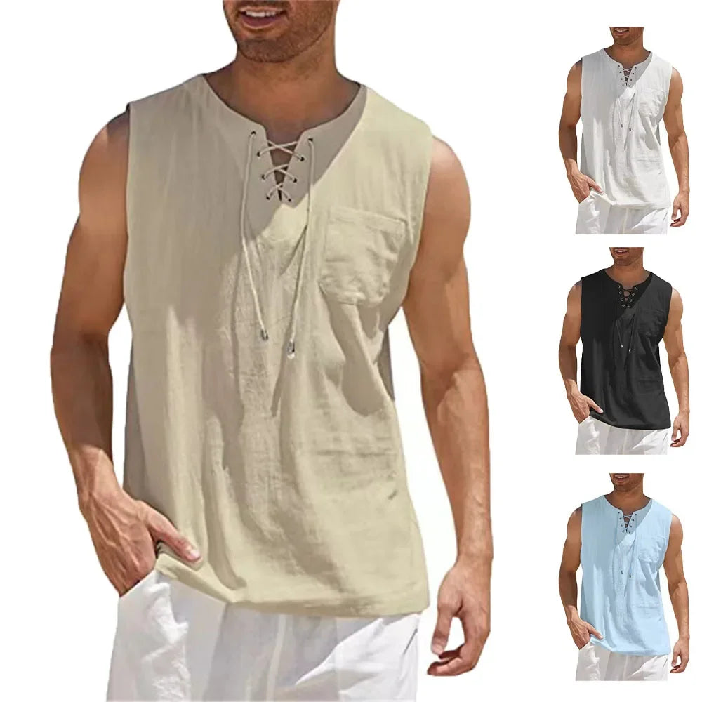 Chemises en coton et lin pour hommes, chemises à lacets rétro, chemise à col en V, précieux, chemise Y-adt, vêtements pour documents solides, chemises décontractées pour hommes MAEJORKEN